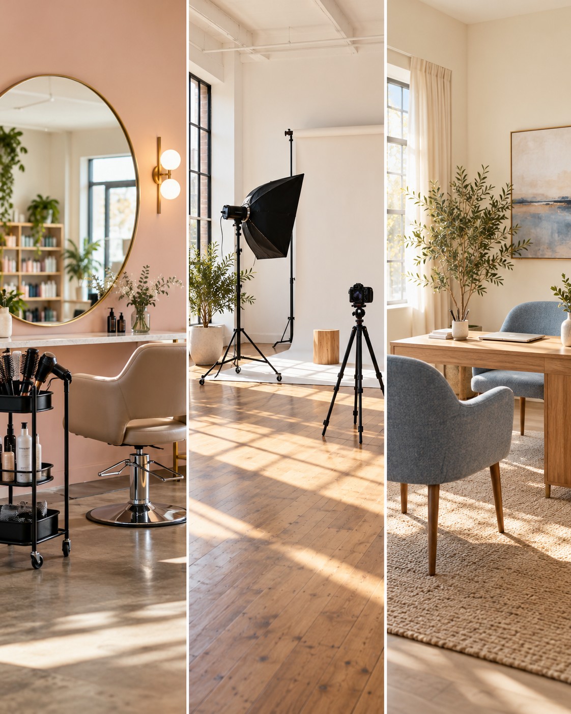Tre ambienti per diversi mestieri: un salone di bellezza, uno studio fotografico e uno spazio per consulenze